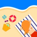 Woman in red swimsuit lying on the towel. summer vector illustration. Royalty Free Stock Photo